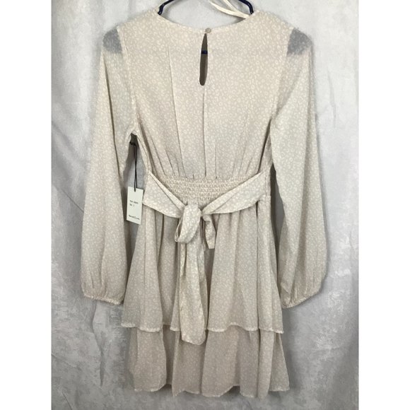 Japna Small A-Line Mini Dress Long Balloon Sleeve Layered Lined Tie Back V-Neck - Picture 2 of 12